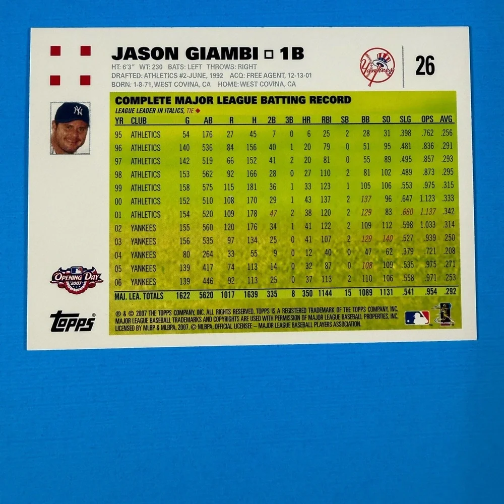 2007 Topps Baseball Opening Day #26 Jason Giambi - New York Yankees - Picture 2 of 2